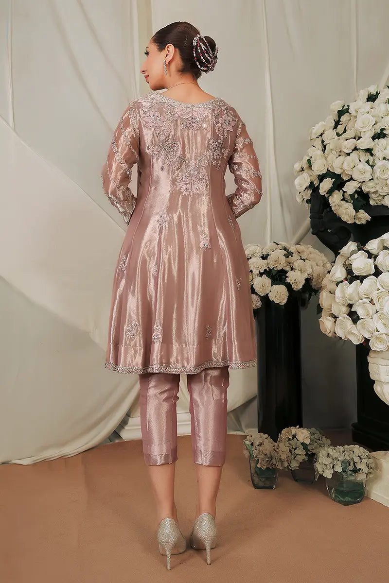 Pakistani Pastel Pink Embroidered Tissue Angrakha (2-Piece) - Image 6