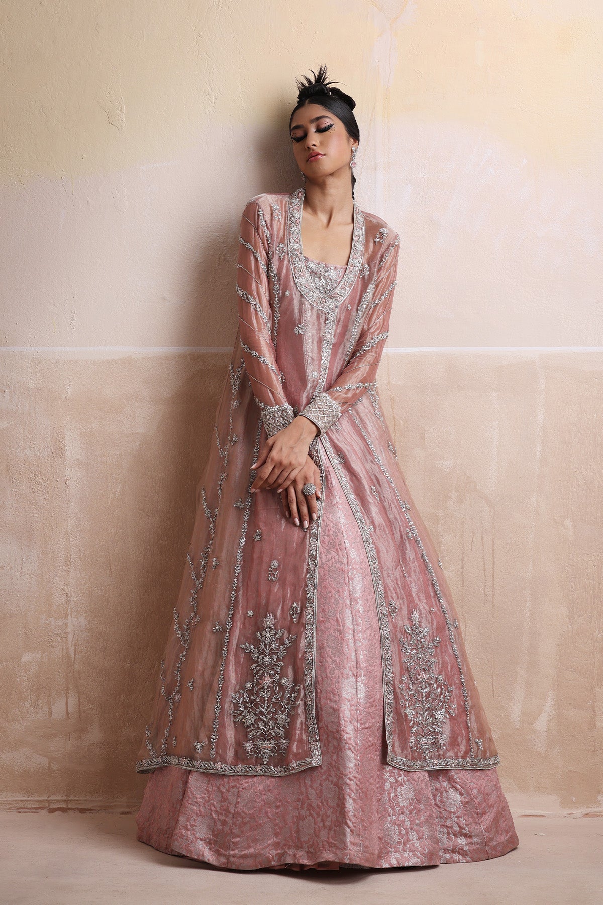 Tea Pink Embroidered Tissue & Jamawar Angrakha (2-Piece) - Image 1