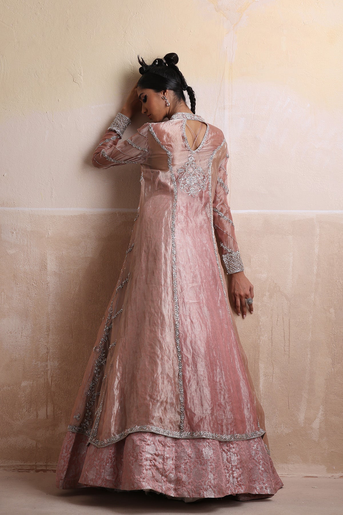 Tea Pink Embroidered Tissue & Jamawar Angrakha (2-Piece) - Image 2