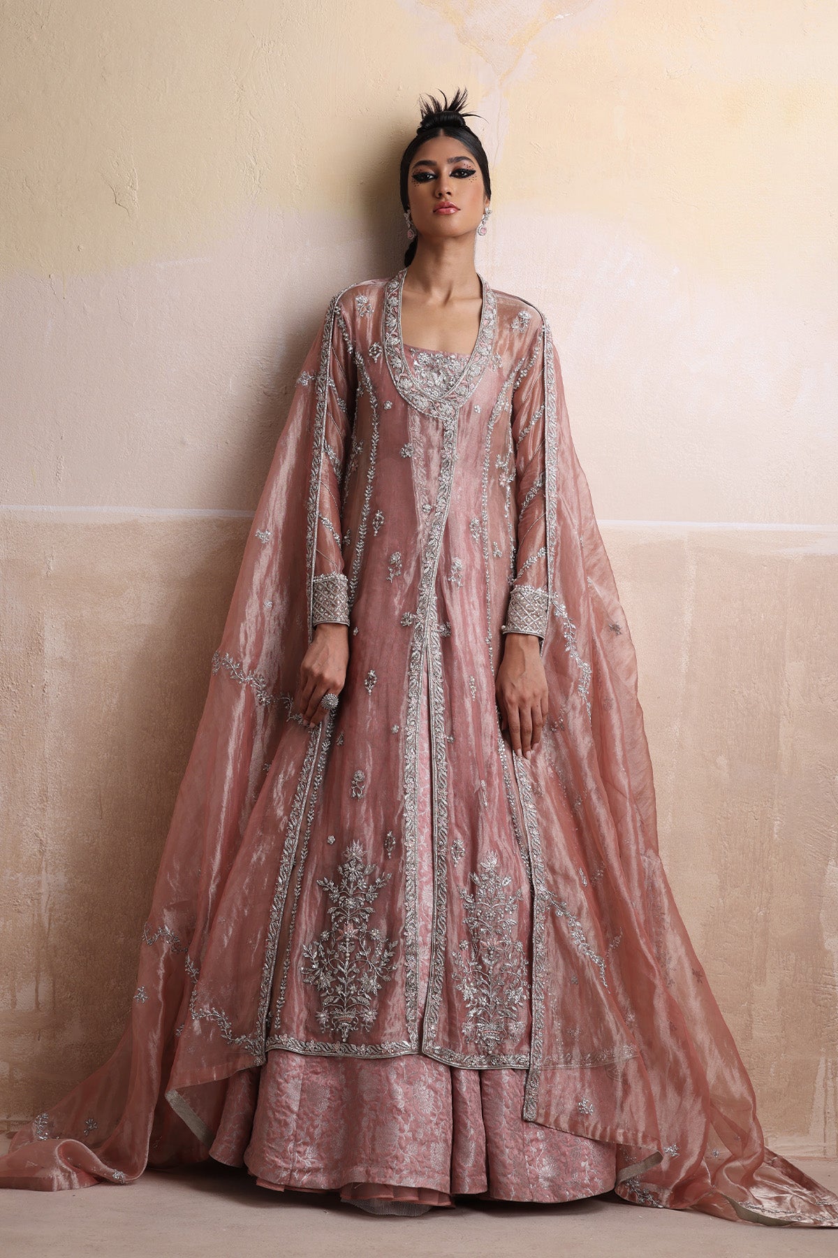 Tea Pink Embroidered Tissue & Jamawar Angrakha (2-Piece) - Image 3