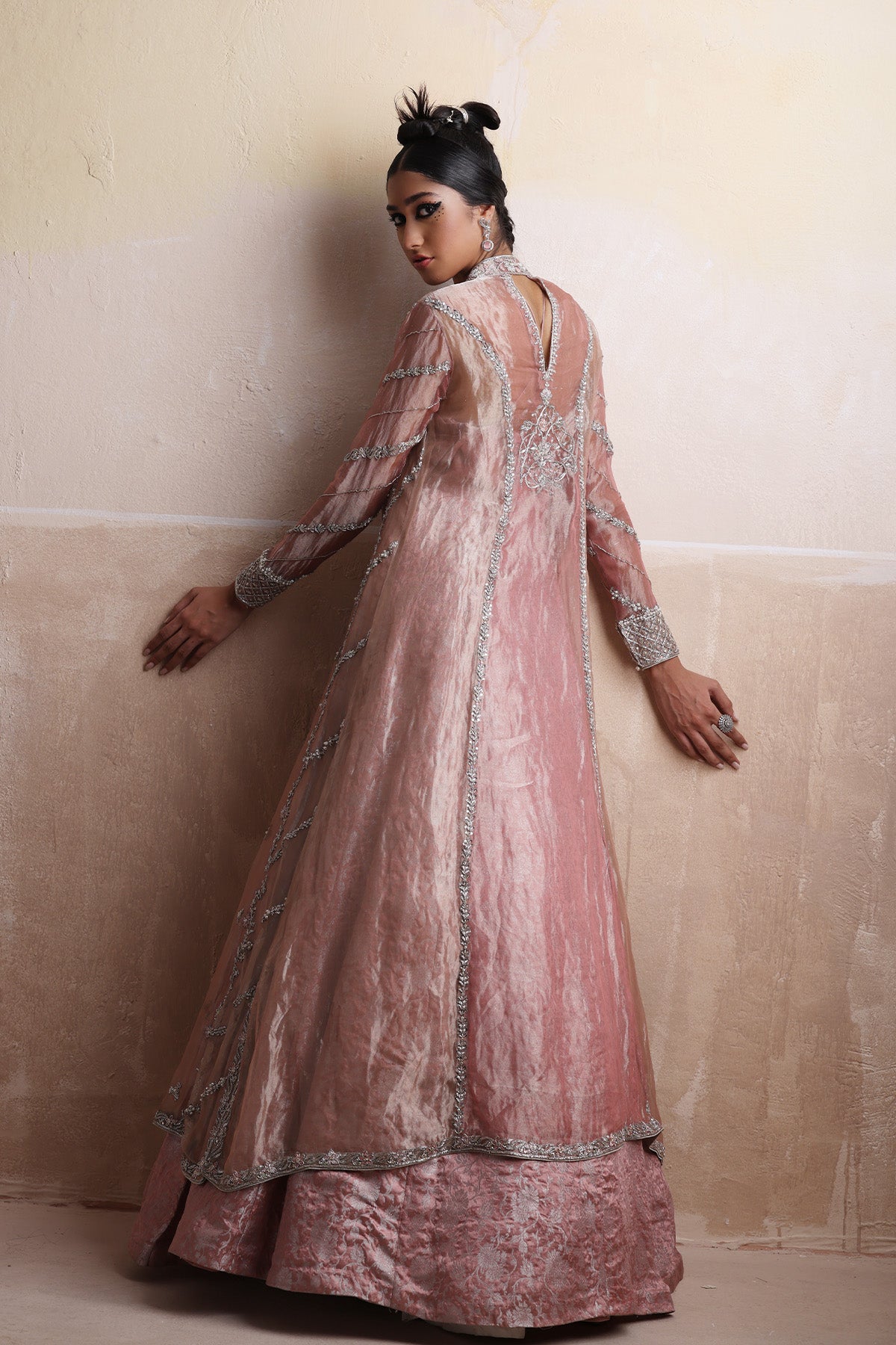 Tea Pink Embroidered Tissue & Jamawar Angrakha (2-Piece) - Image 4