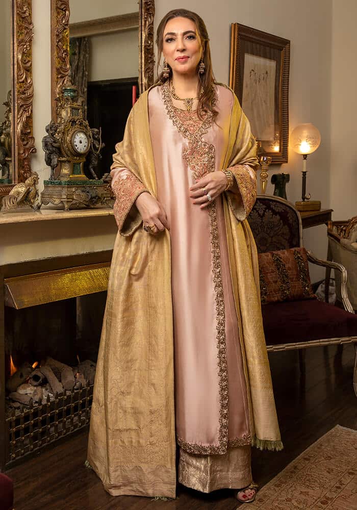 Chilean Ice Pink Embroidered Pure Tissue Silk Angarkha (3-Piece) - Image 1