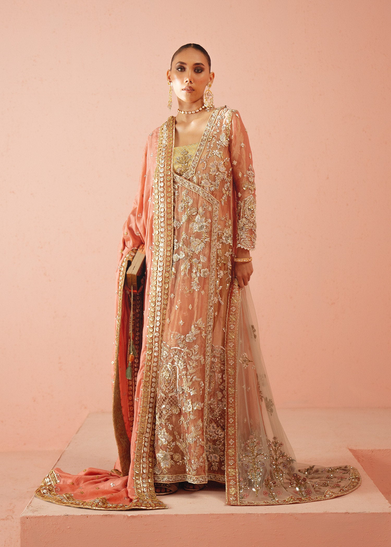 Pakistani Coral Zardozi Tissue Angrakha Dress (3-Piece) - Image 1