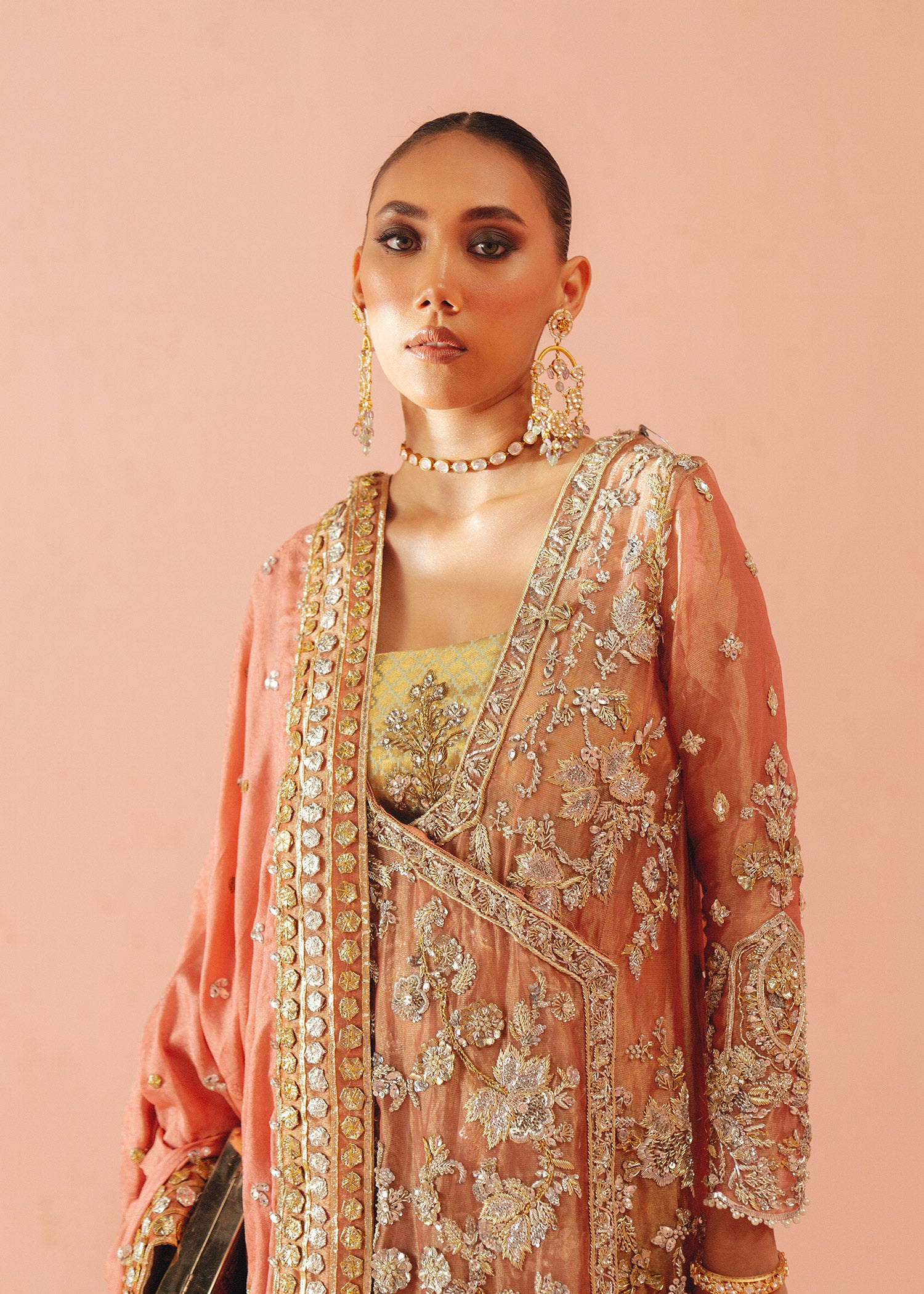 Pakistani Coral Zardozi Tissue Angrakha Dress (3-Piece) - Image 2