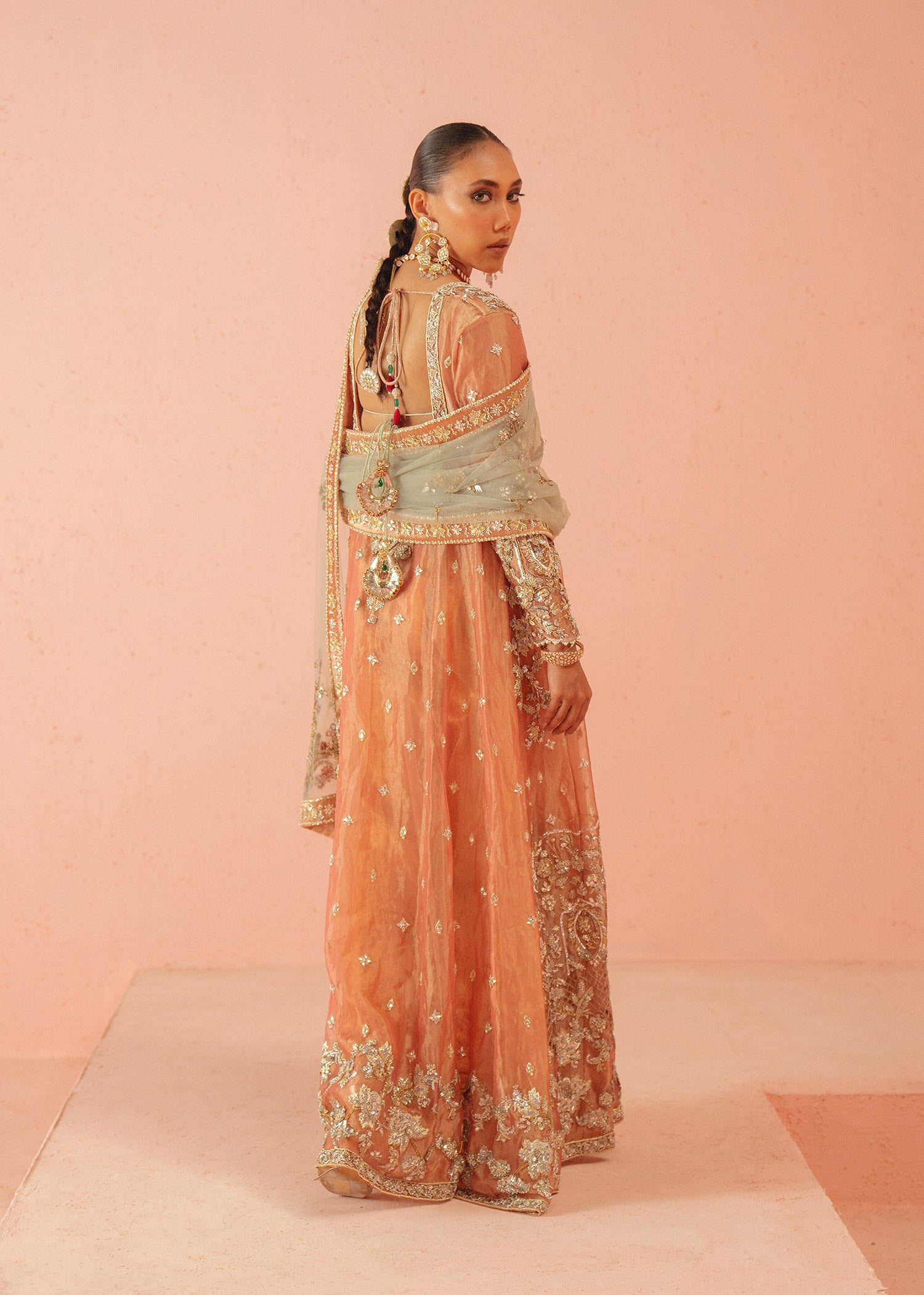 Pakistani Coral Zardozi Tissue Angrakha Dress (3-Piece) - Image 4