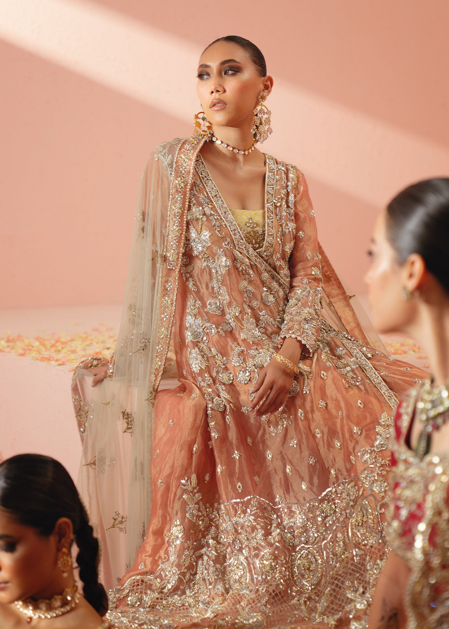 Pakistani Coral Zardozi Tissue Angrakha Dress (3-Piece) - Image 5