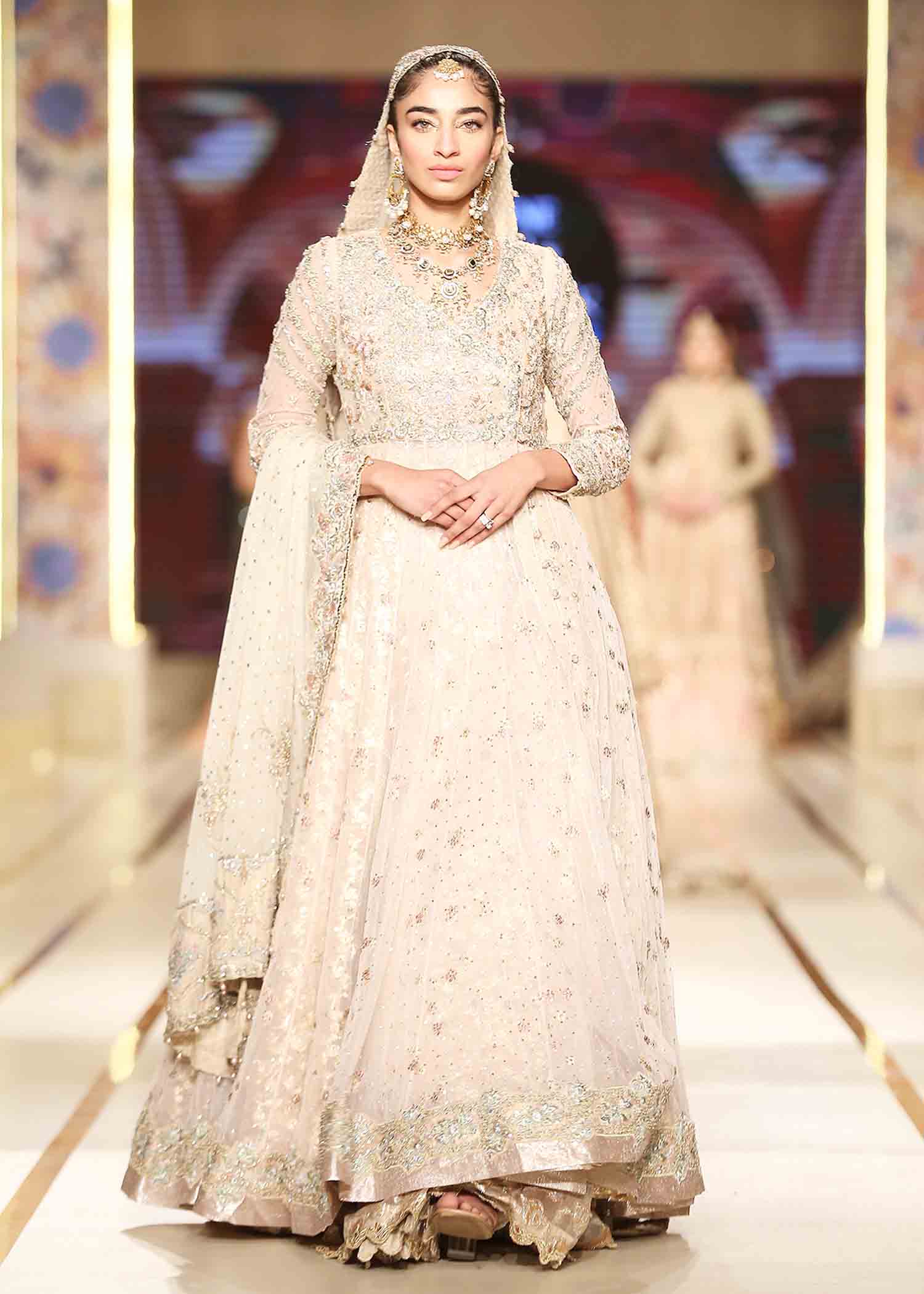 Pakistani Flamingo Pink Embroidered Tulle Angrakha Gown (3-Piece) - Image 1