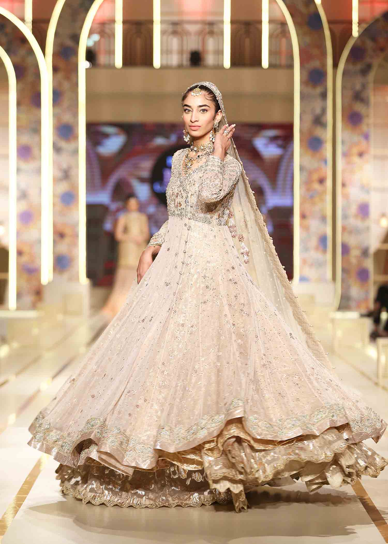 Pakistani Flamingo Pink Embroidered Tulle Angrakha Gown (3-Piece) - Image 3