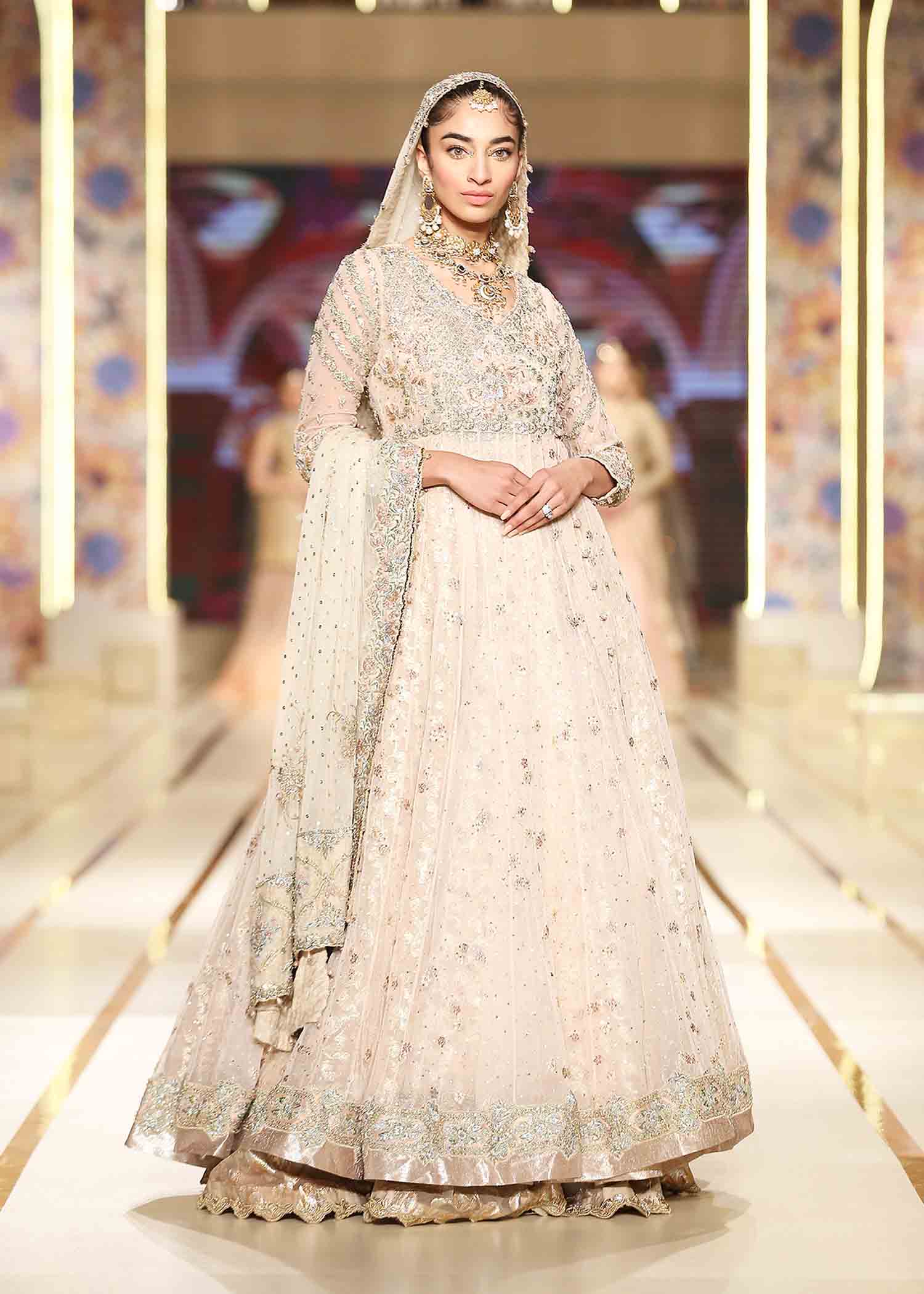 Pakistani Flamingo Pink Embroidered Tulle Angrakha Gown (3-Piece) - Image 4