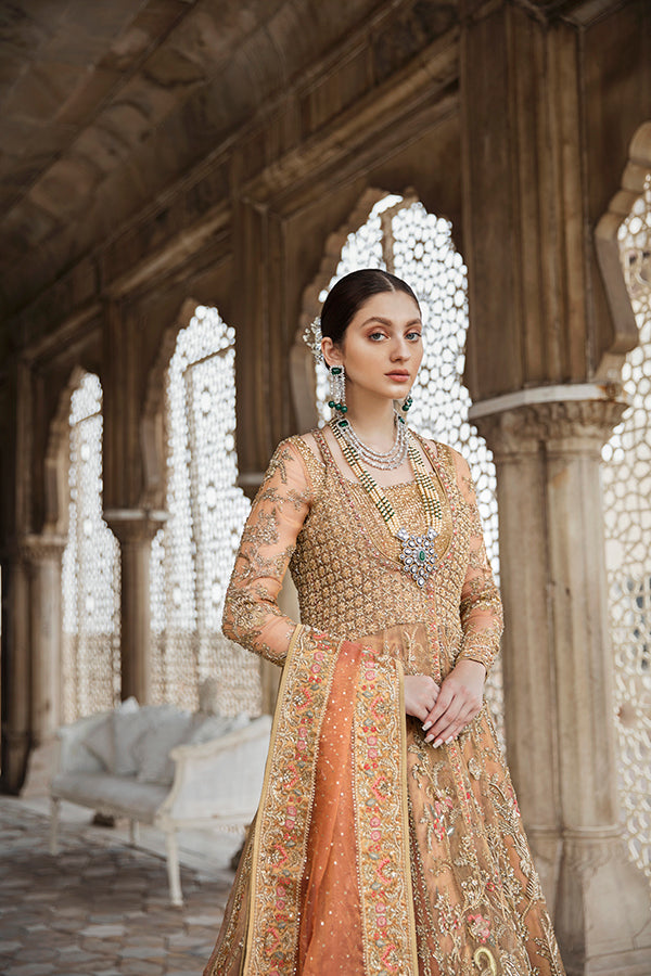 Peachy Pink Embellished Zari Net Angrakha (3-Piece) - Image 3