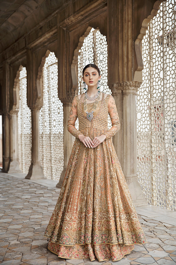 Peachy Pink Embroidered Zari Net Angrakha Dress (3-Piece) - Image 1