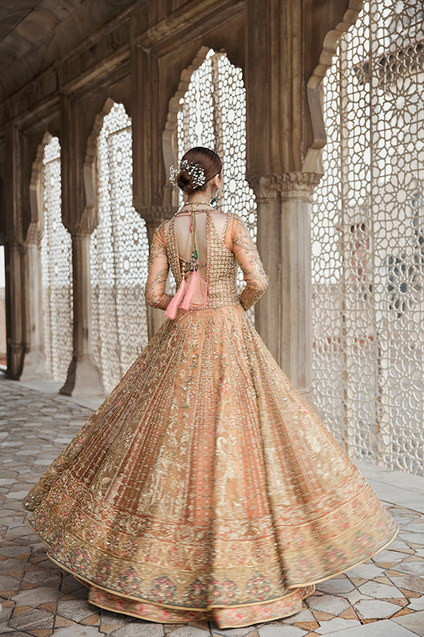 Peachy Pink Embroidered Zari Net Angrakha Dress (3-Piece) - Image 3