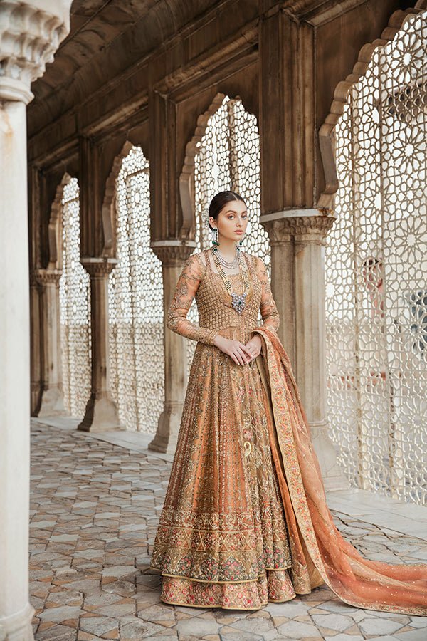 Peachy Pink Embroidered Zari Net Angrakha Dress (3-Piece) - Image 5