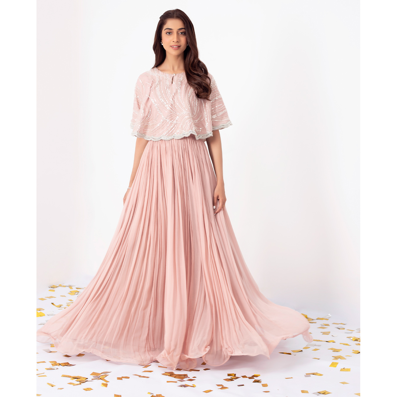 Pakistani Dusky Pink Embellished Chiffon Cape Dress (2-Piece) - Image 1