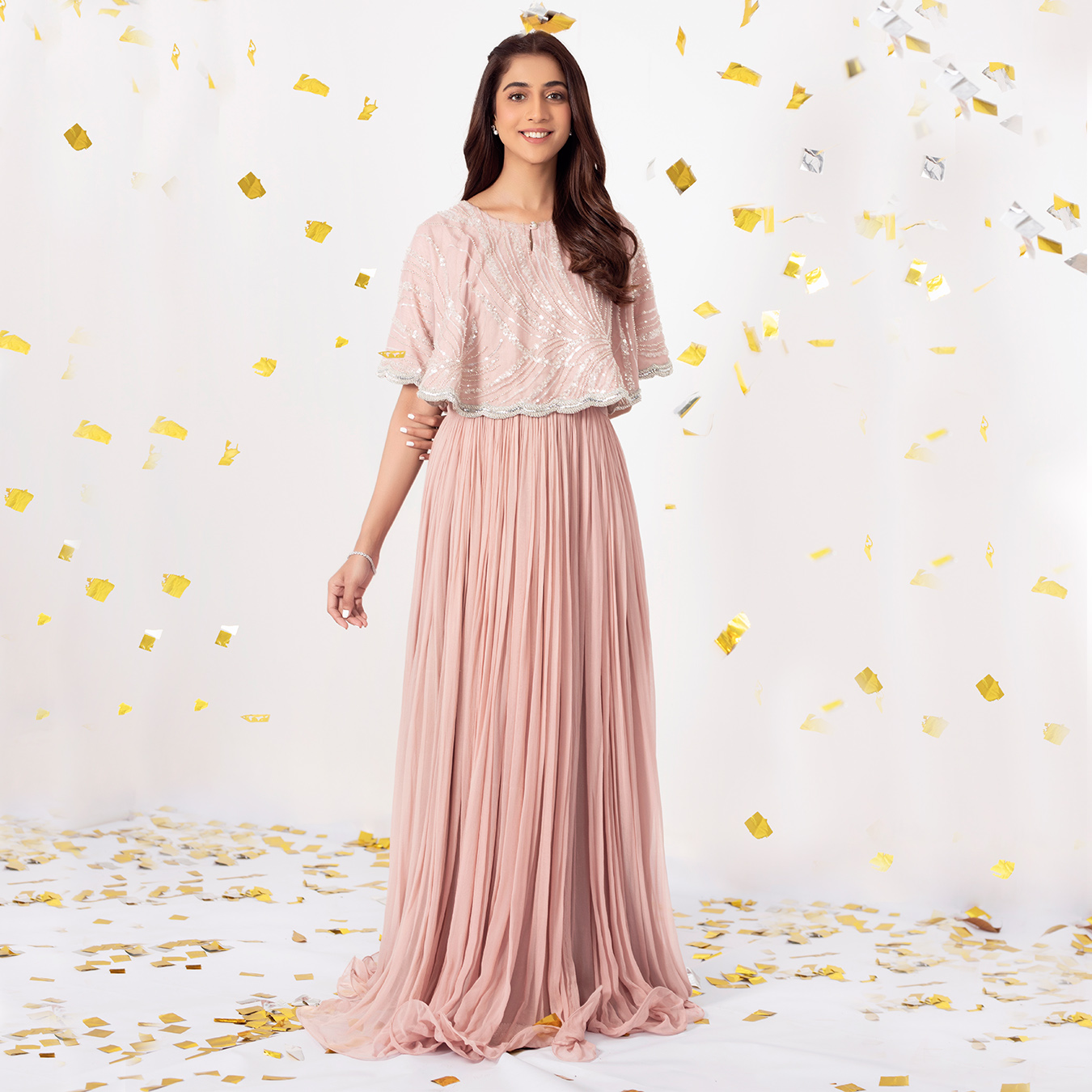 Pakistani Dusky Pink Embellished Chiffon Cape Dress (2-Piece) - Image 2