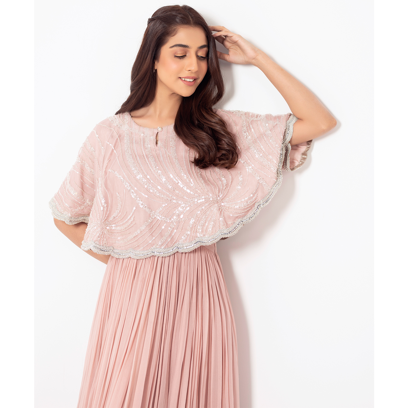 Pakistani Dusky Pink Embellished Chiffon Cape Dress (2-Piece) - Image 3