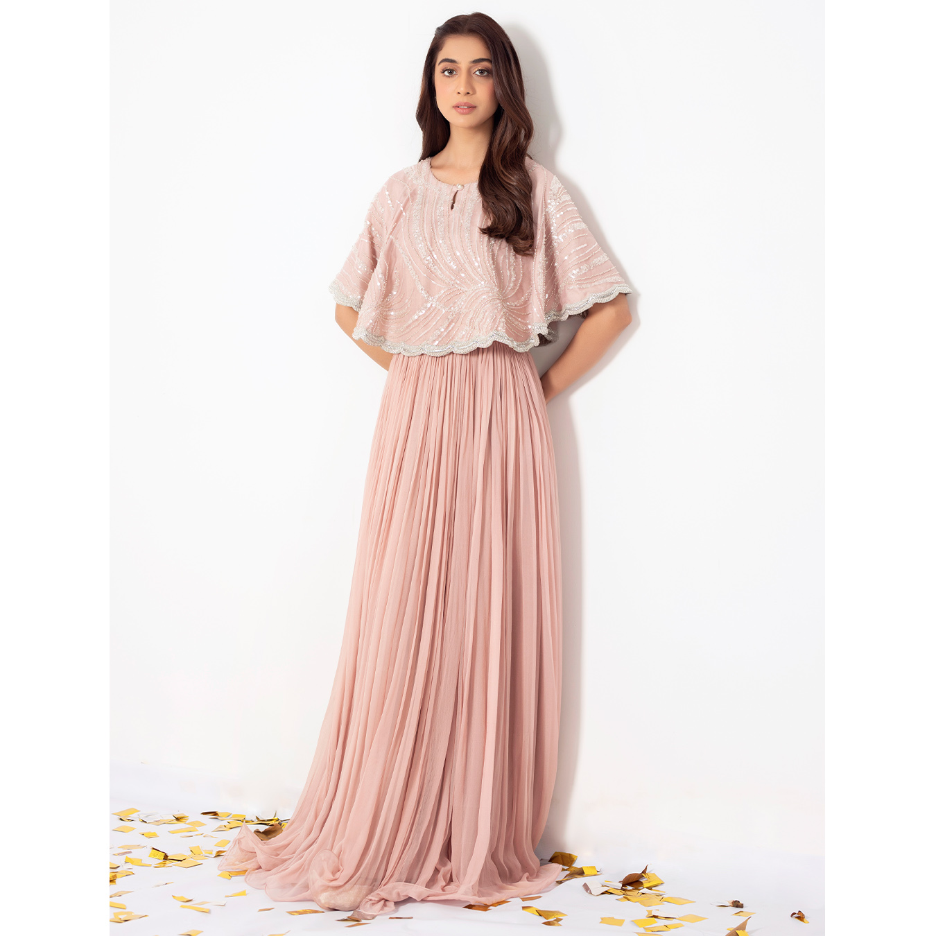Pakistani Dusky Pink Embellished Chiffon Cape Dress (2-Piece) - Image 4