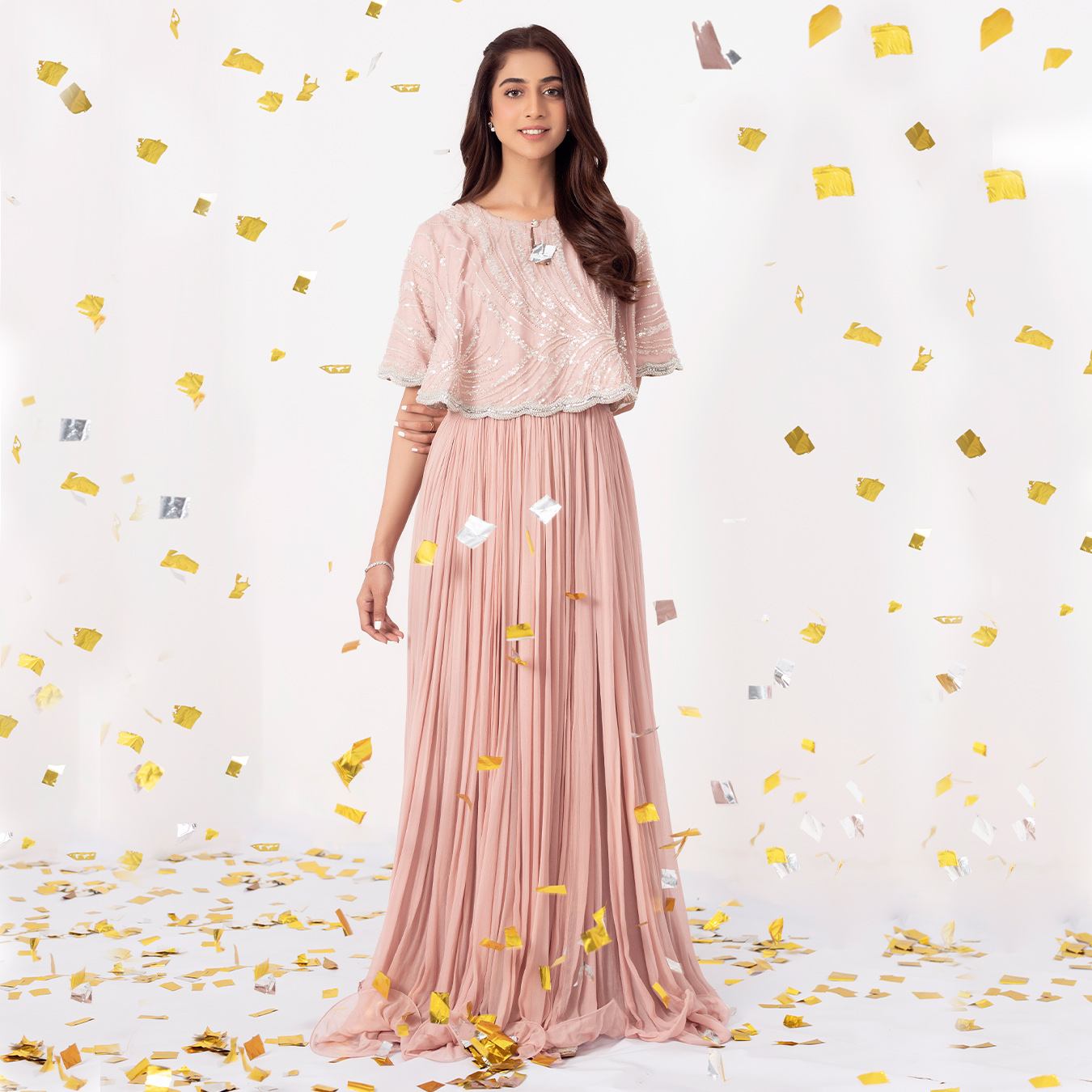 Pakistani Dusky Pink Embellished Chiffon Cape Dress (2-Piece) - Image 5