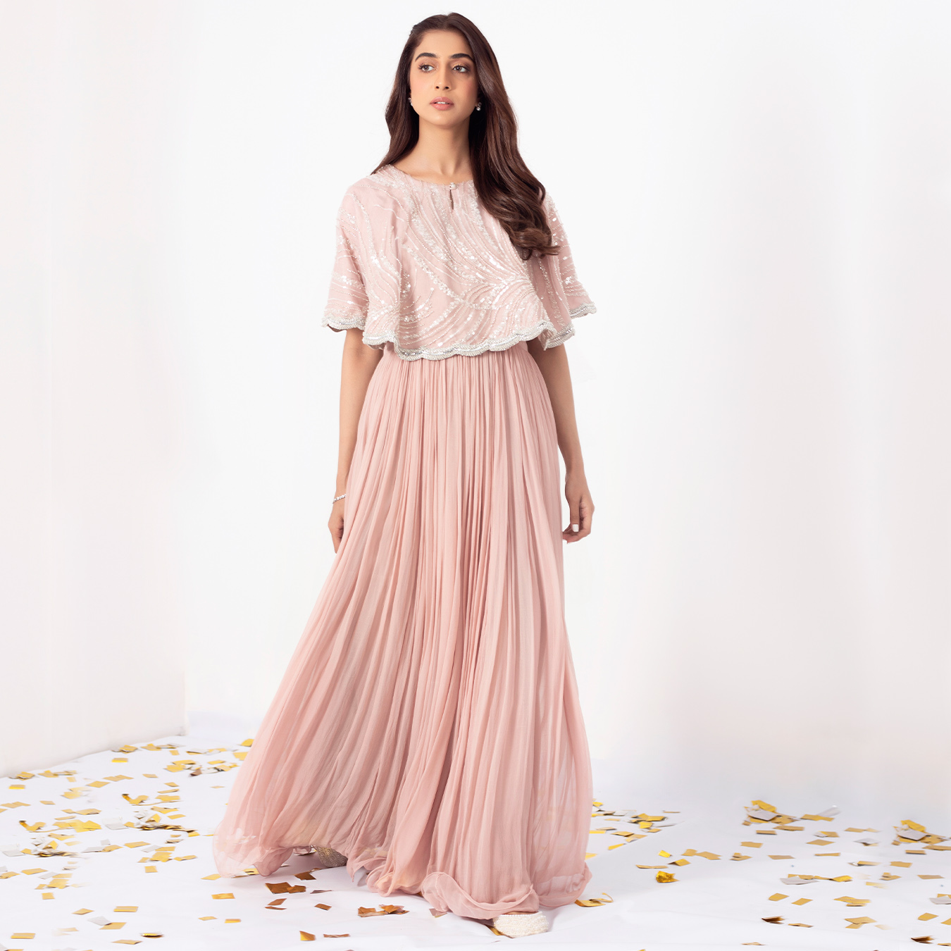 Pakistani Dusky Pink Embellished Chiffon Cape Dress (2-Piece) - Image 6