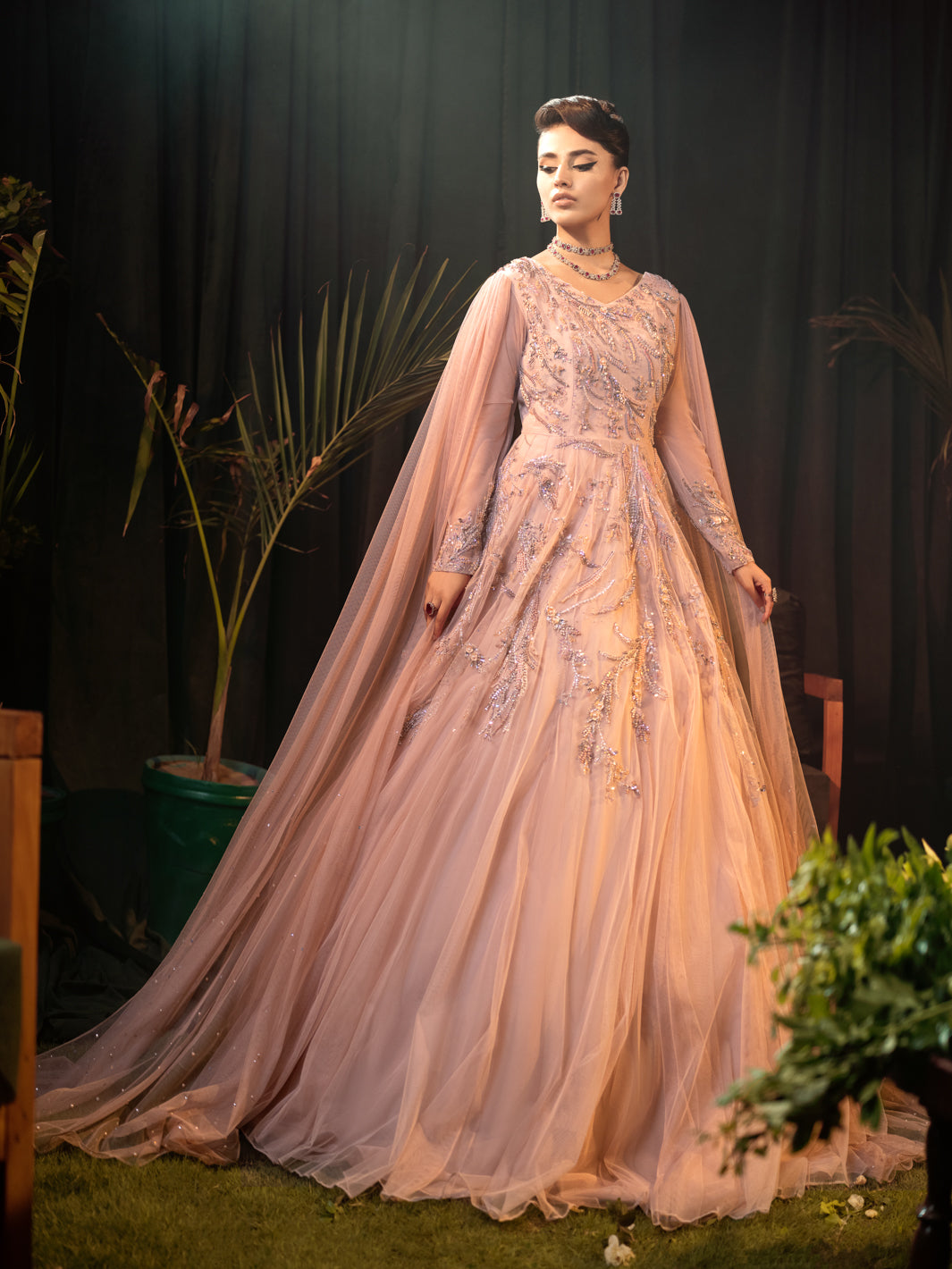 Dusty Blush Pink Embellished Net Cape Gown (1-Pc) - Image 1