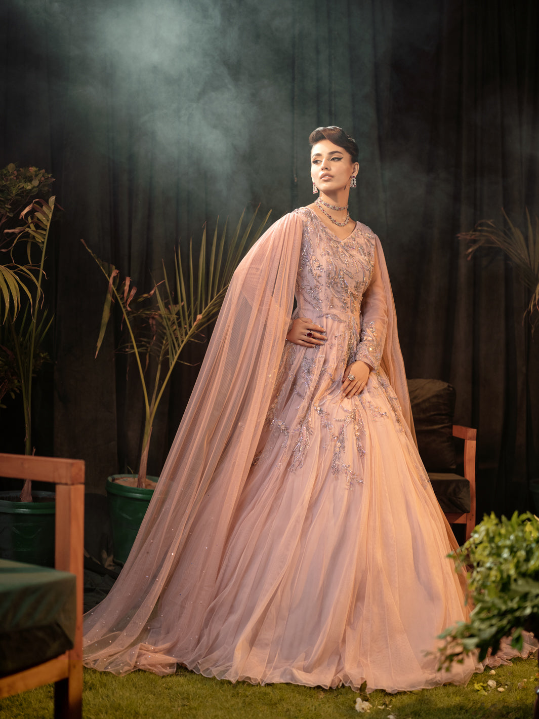 Dusty Blush Pink Embellished Net Cape Gown (1-Pc) - Image 2