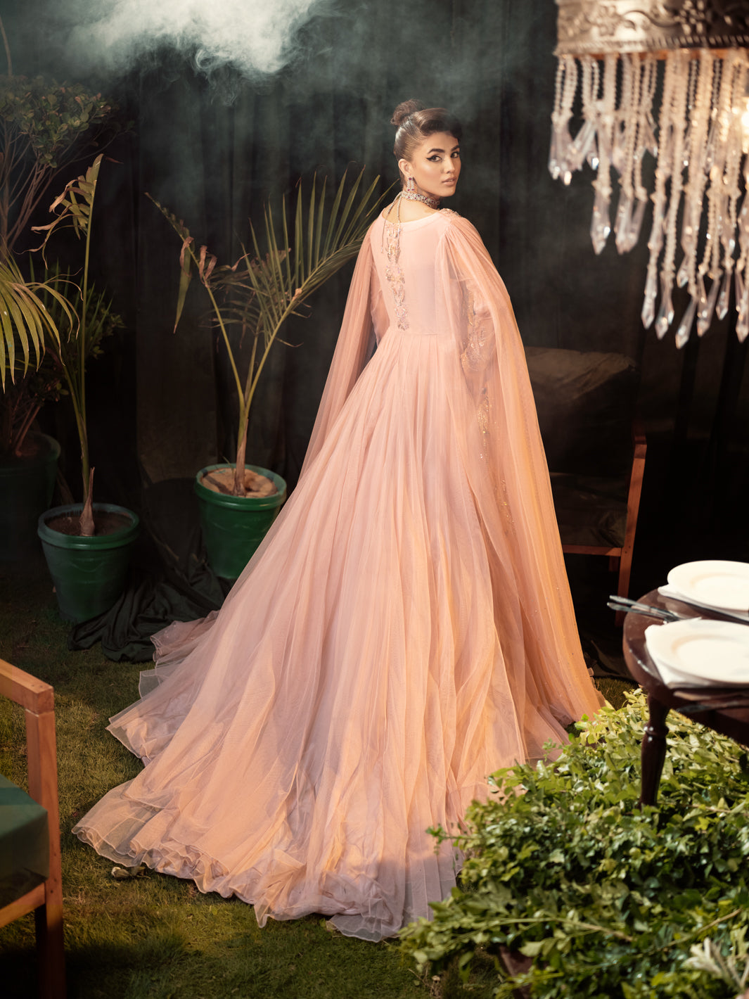 Dusty Blush Pink Embellished Net Cape Gown (1-Pc) - Image 3
