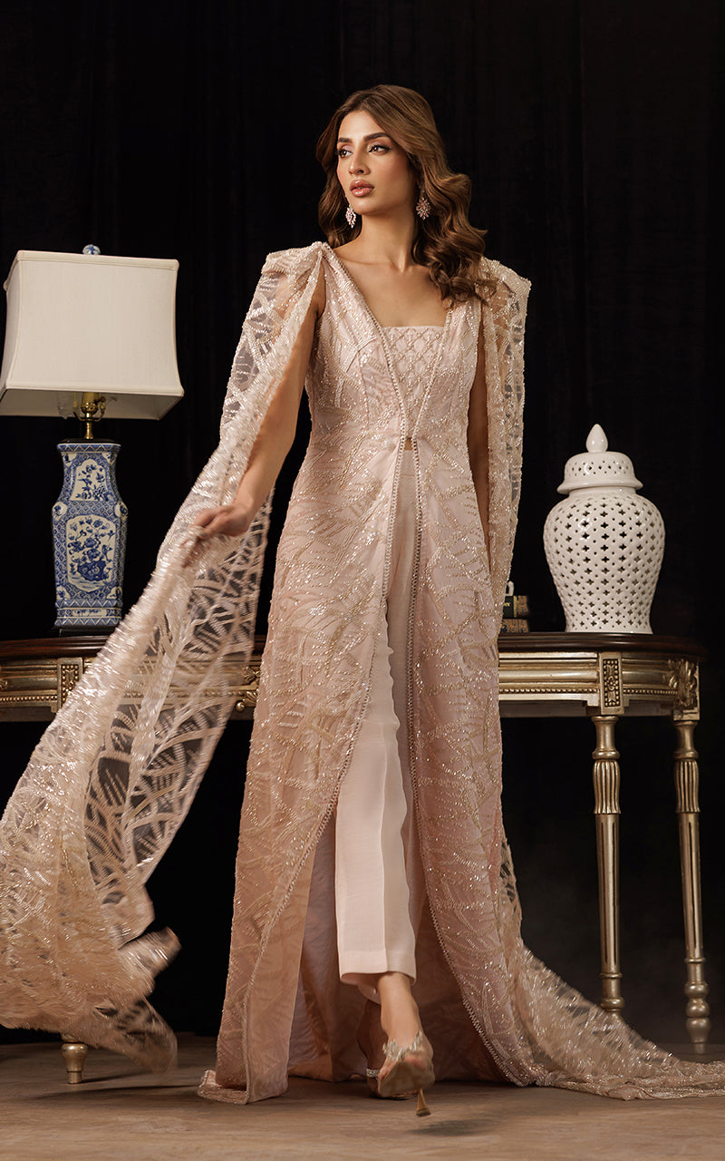 Pakistani Blush Embroidered Net Cape Jacket 3-Piece - Image 1