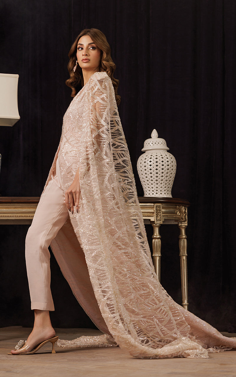 Pakistani Blush Embroidered Net Cape Jacket 3-Piece - Image 2