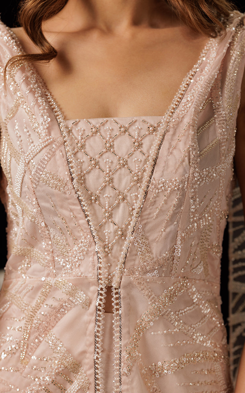 Pakistani Blush Embroidered Net Cape Jacket 3-Piece - Image 3