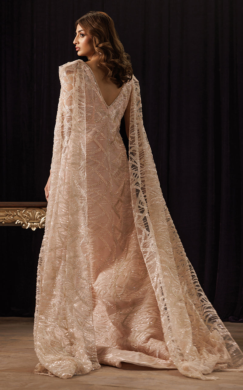 Pakistani Blush Embroidered Net Cape Jacket 3-Piece - Image 5