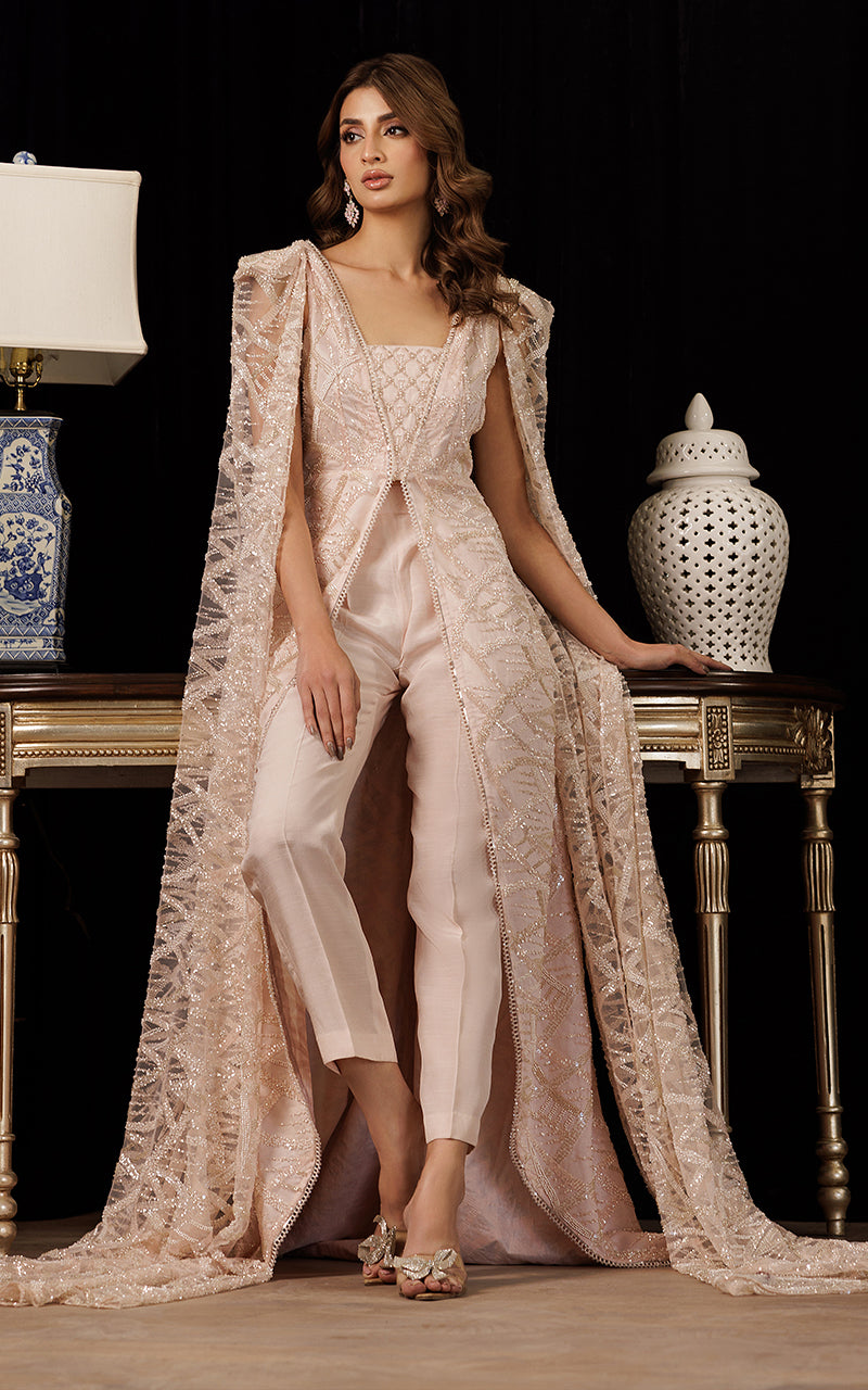 Pakistani Blush Embroidered Net Cape Jacket 3-Piece - Image 6
