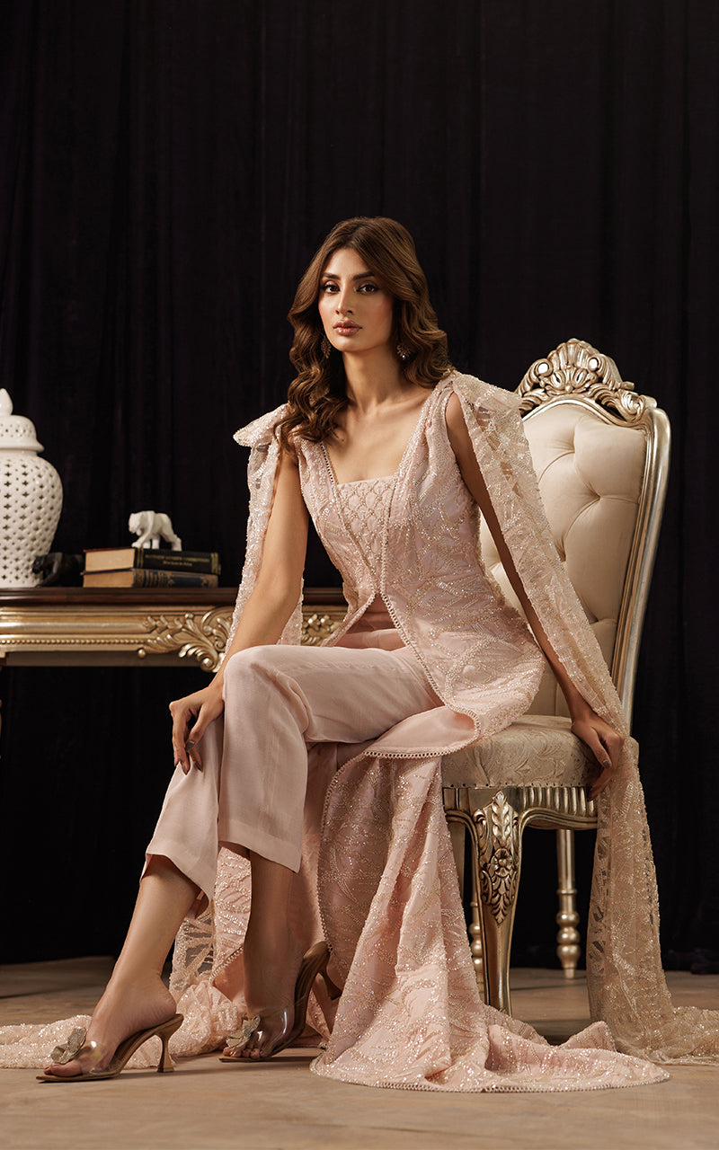 Pakistani Blush Embroidered Net Cape Jacket 3-Piece - Image 7