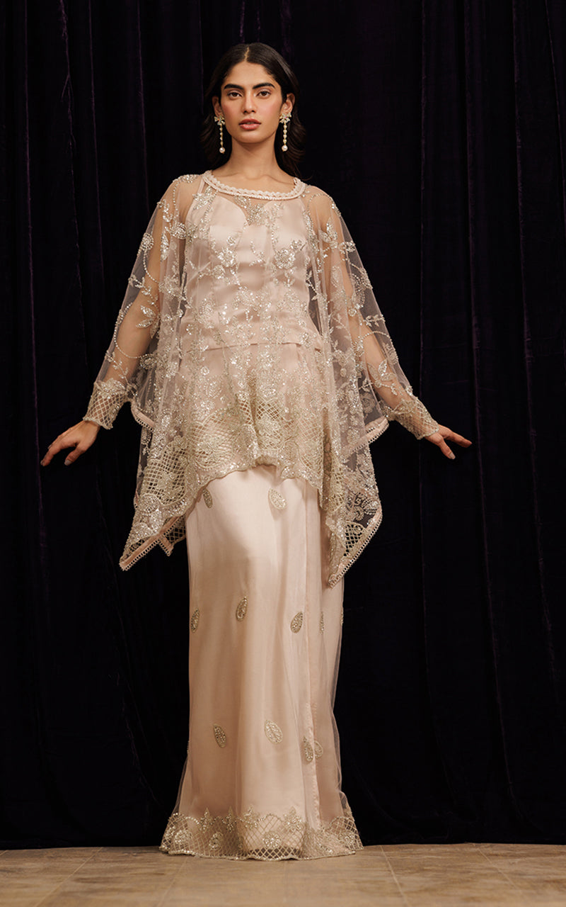 Blush Embroidered Net Cape Dress (3-Piece) - Image 1