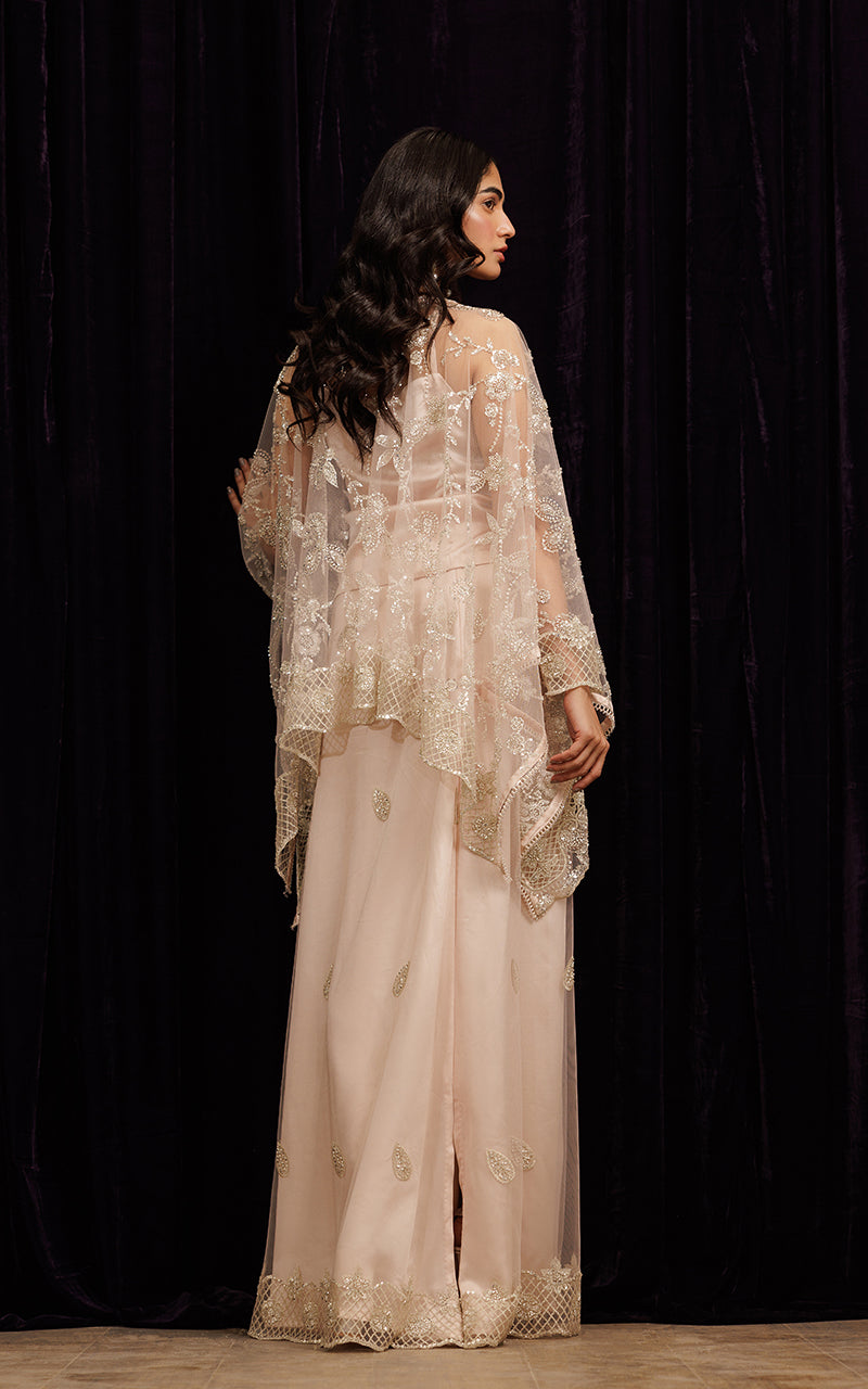 Blush Embroidered Net Cape Dress (3-Piece) - Image 6