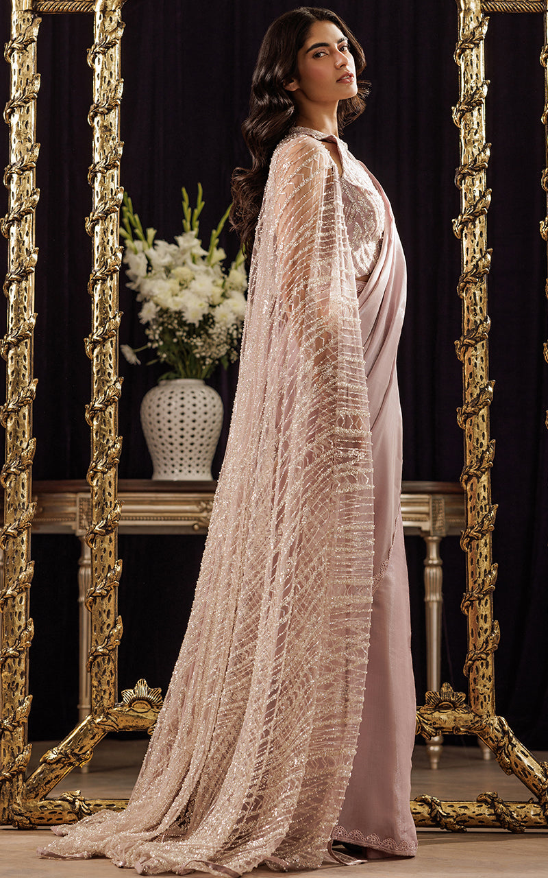 Pakistani Blush Pink Embroidered Net Cape Dress (3-Piece) - Image 2