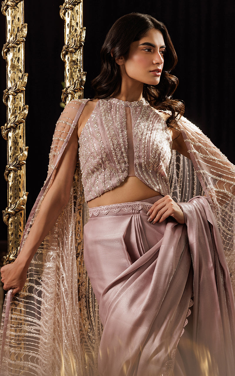 Pakistani Blush Pink Embroidered Net Cape Dress (3-Piece) - Image 3