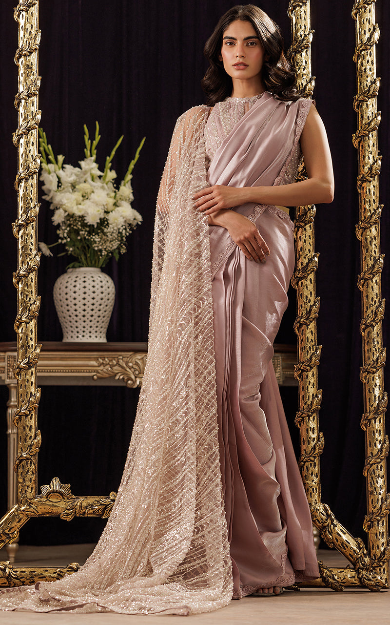 Pakistani Blush Pink Embroidered Net Cape Dress (3-Piece) - Image 7
