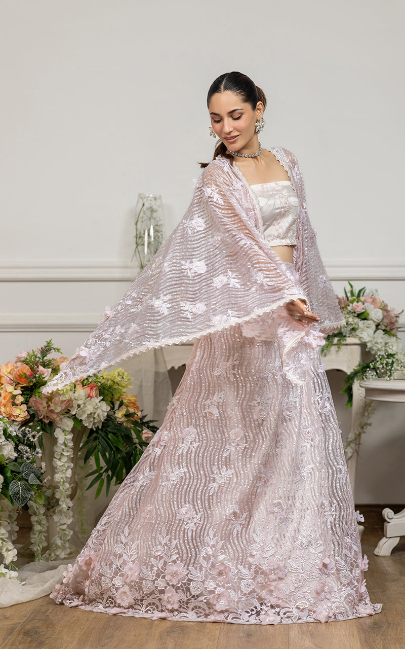 Blush Pink Embroidered Net Cape Dress (2-Piece) - Image 2