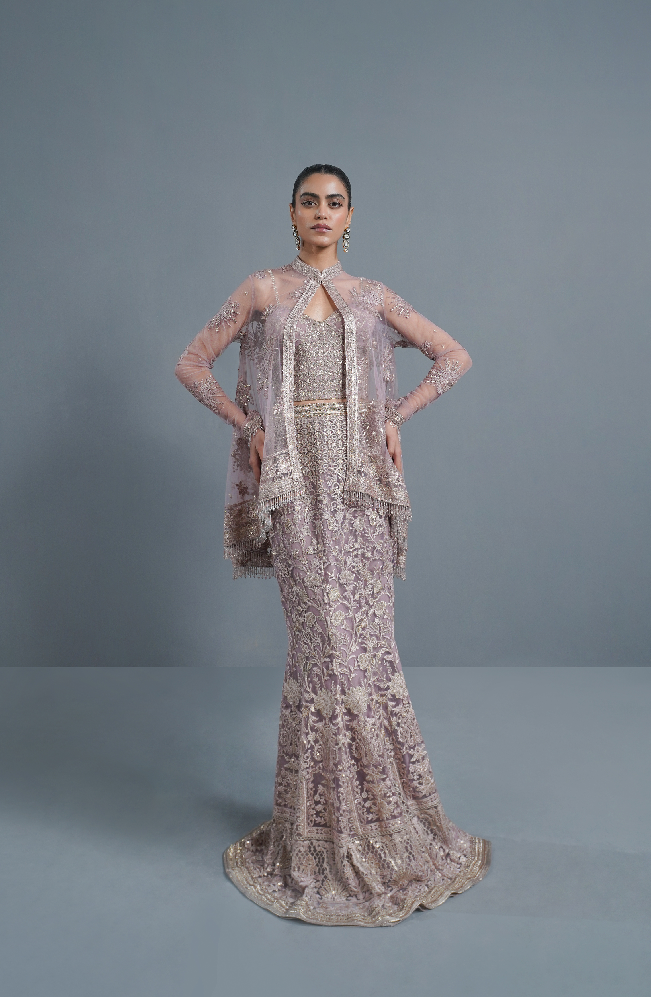 Pakistani Smokey Rose Embroidered Net Cape Dress (3-Piece) - Image 2