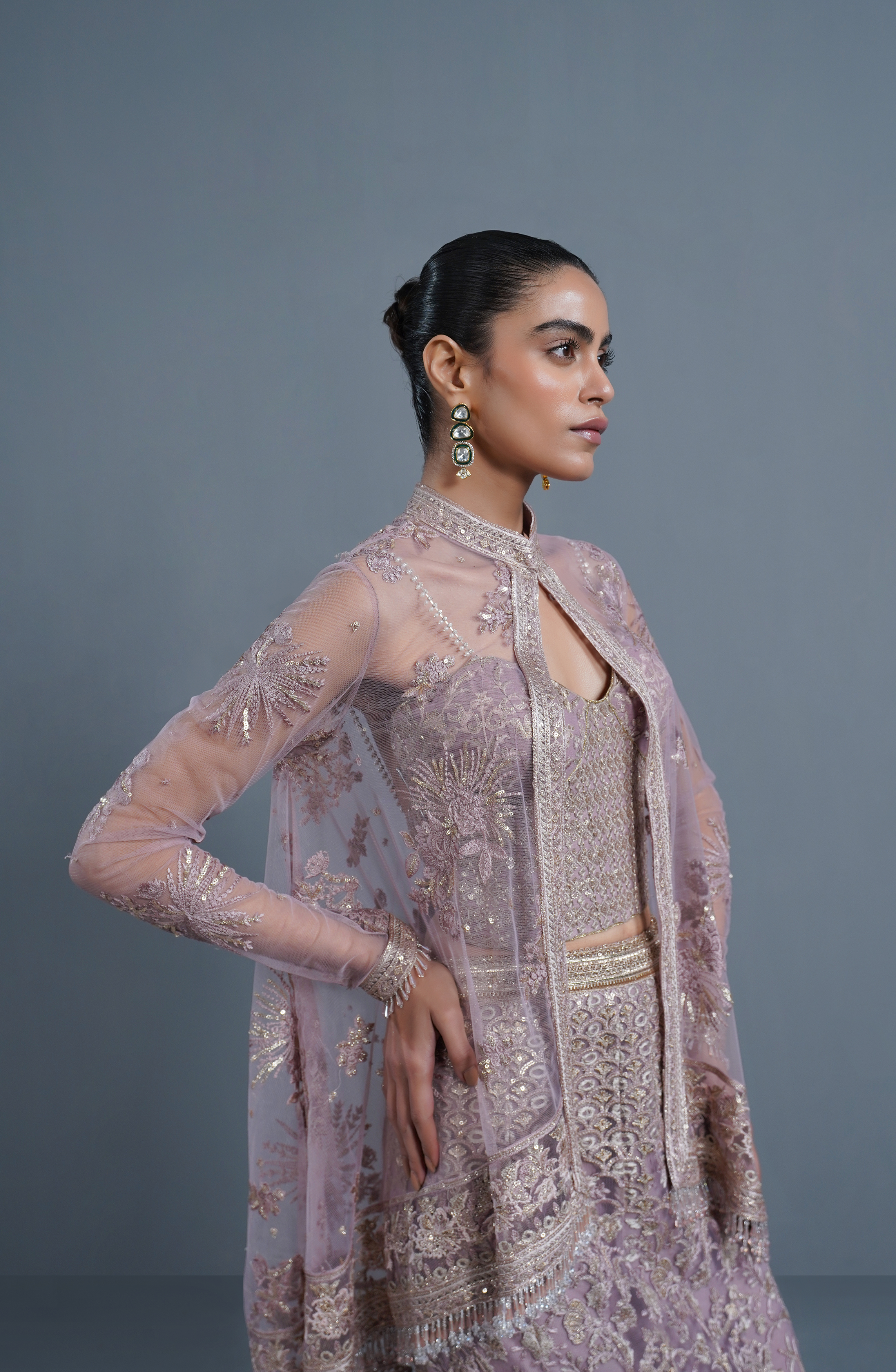 Pakistani Smokey Rose Embroidered Net Cape Dress (3-Piece) - Image 3