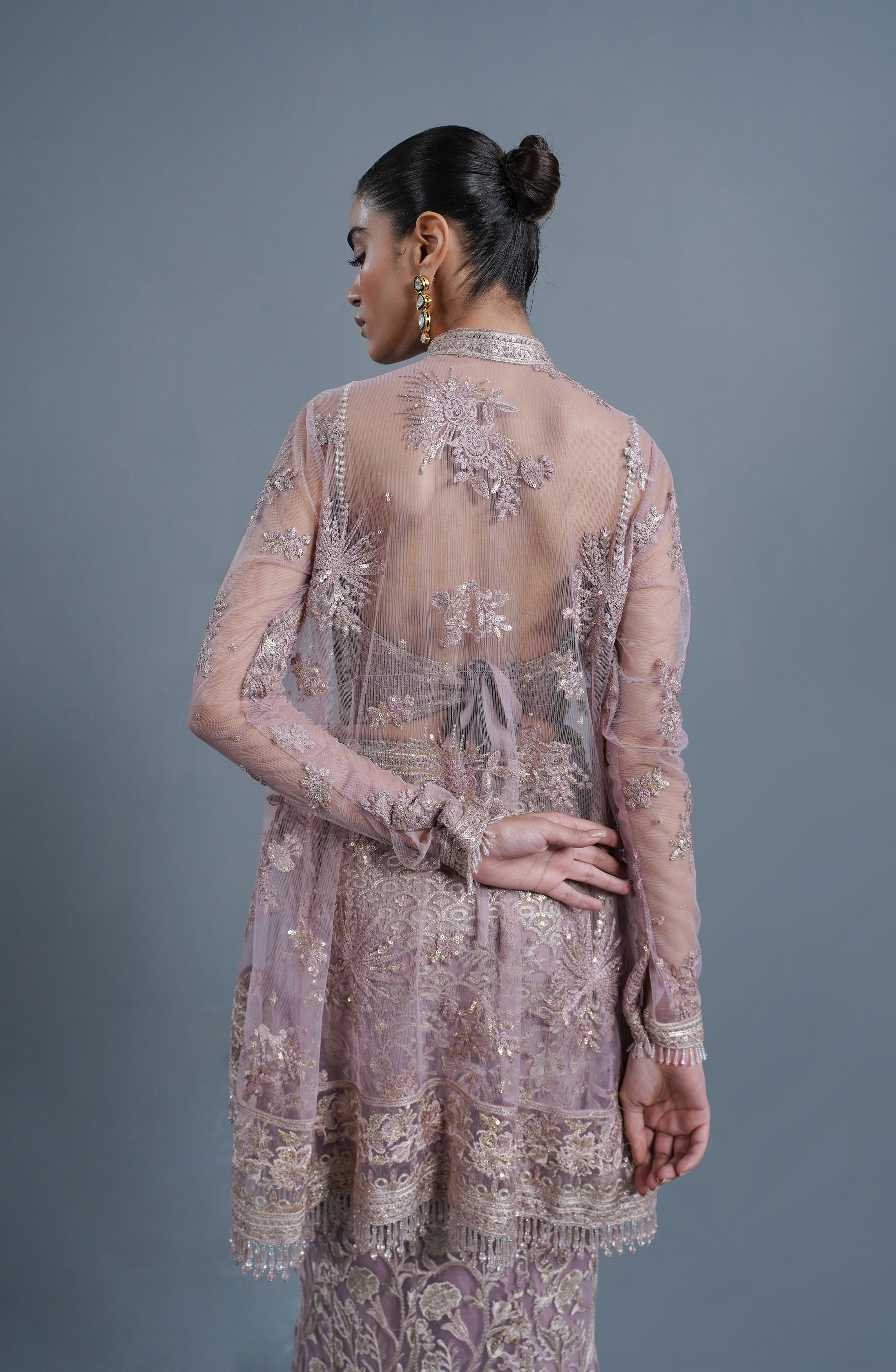 Pakistani Smokey Rose Embroidered Net Cape Dress (3-Piece) - Image 5
