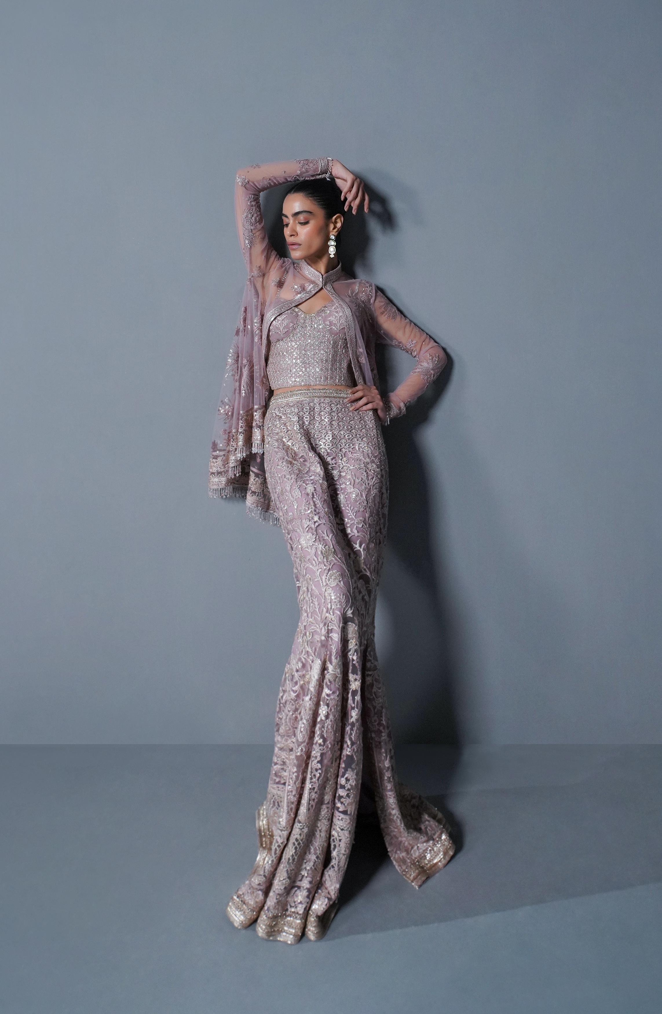 Pakistani Smokey Rose Embroidered Net Cape Dress (3-Piece) - Image 6