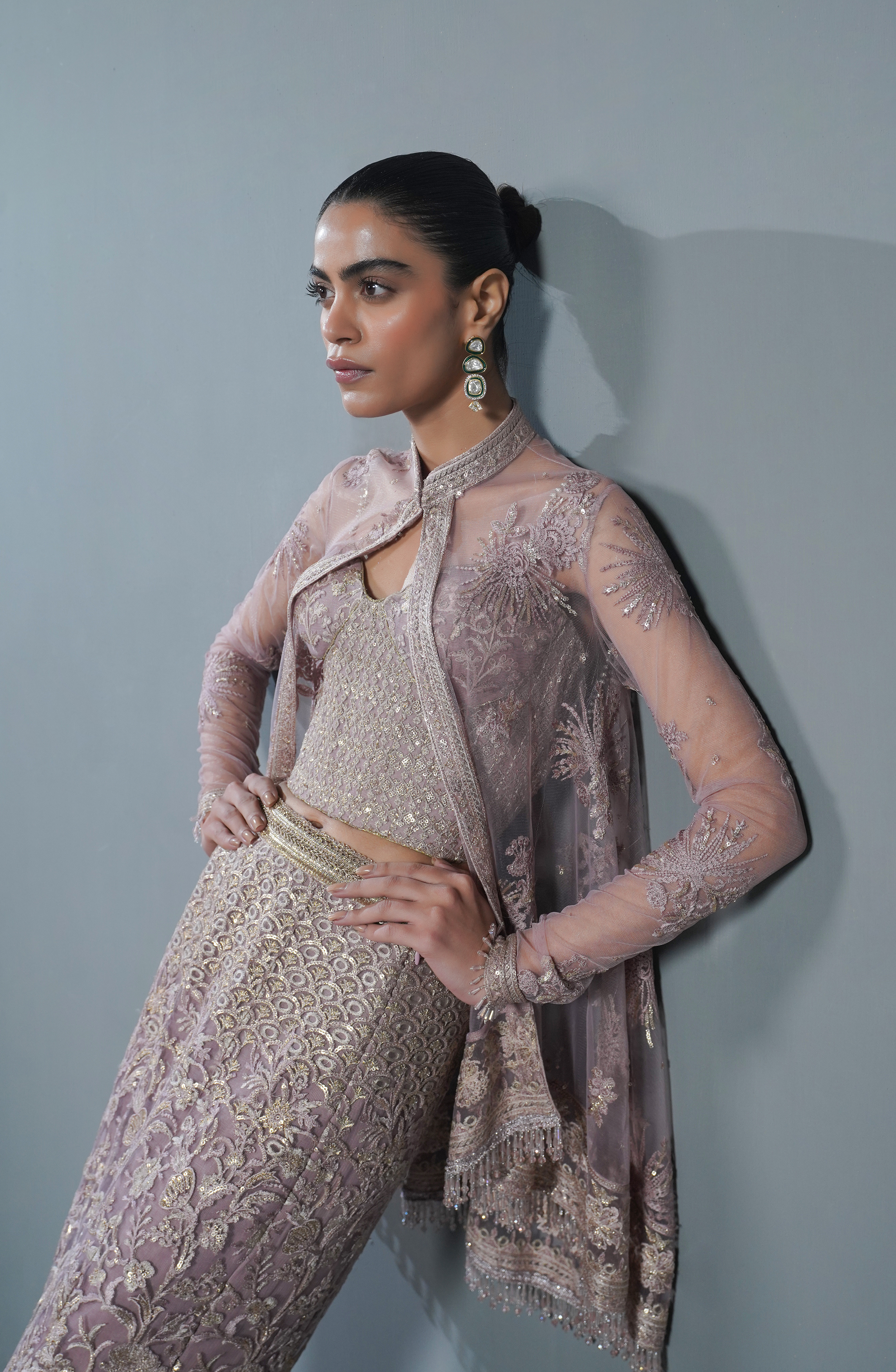 Pakistani Smokey Rose Embroidered Net Cape Dress (3-Piece) - Image 7