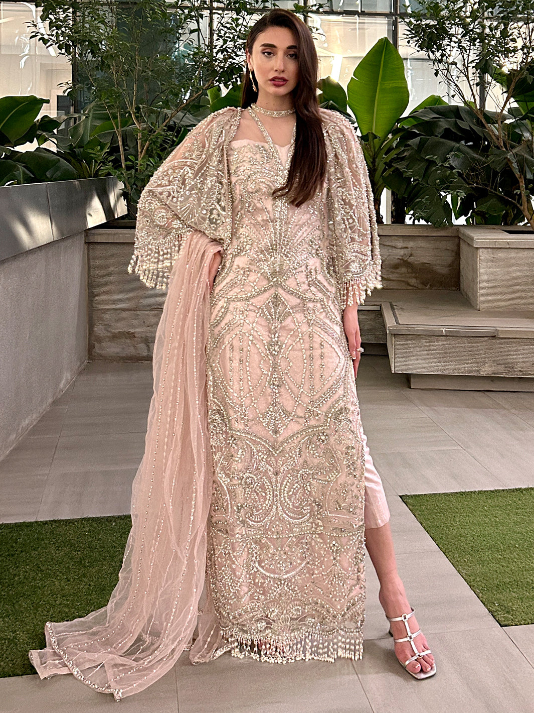 Indian Blush Pink Hand-Embellished Net Cape Dress (3-Piece) - Image 1