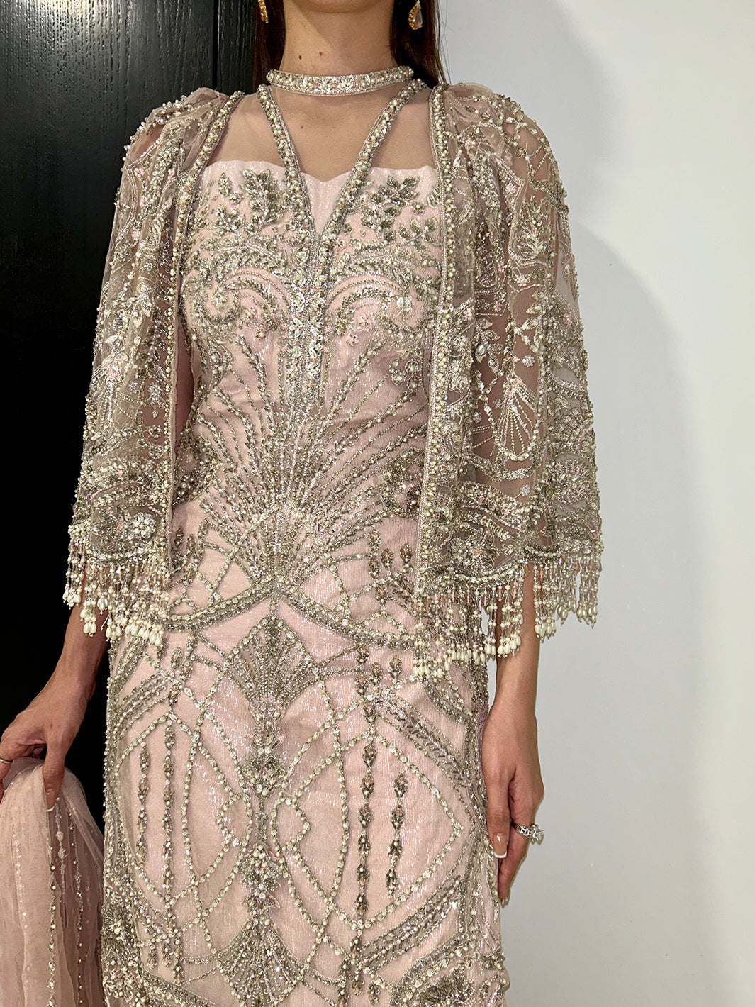 Indian Blush Pink Hand-Embellished Net Cape Dress (3-Piece) - Image 2