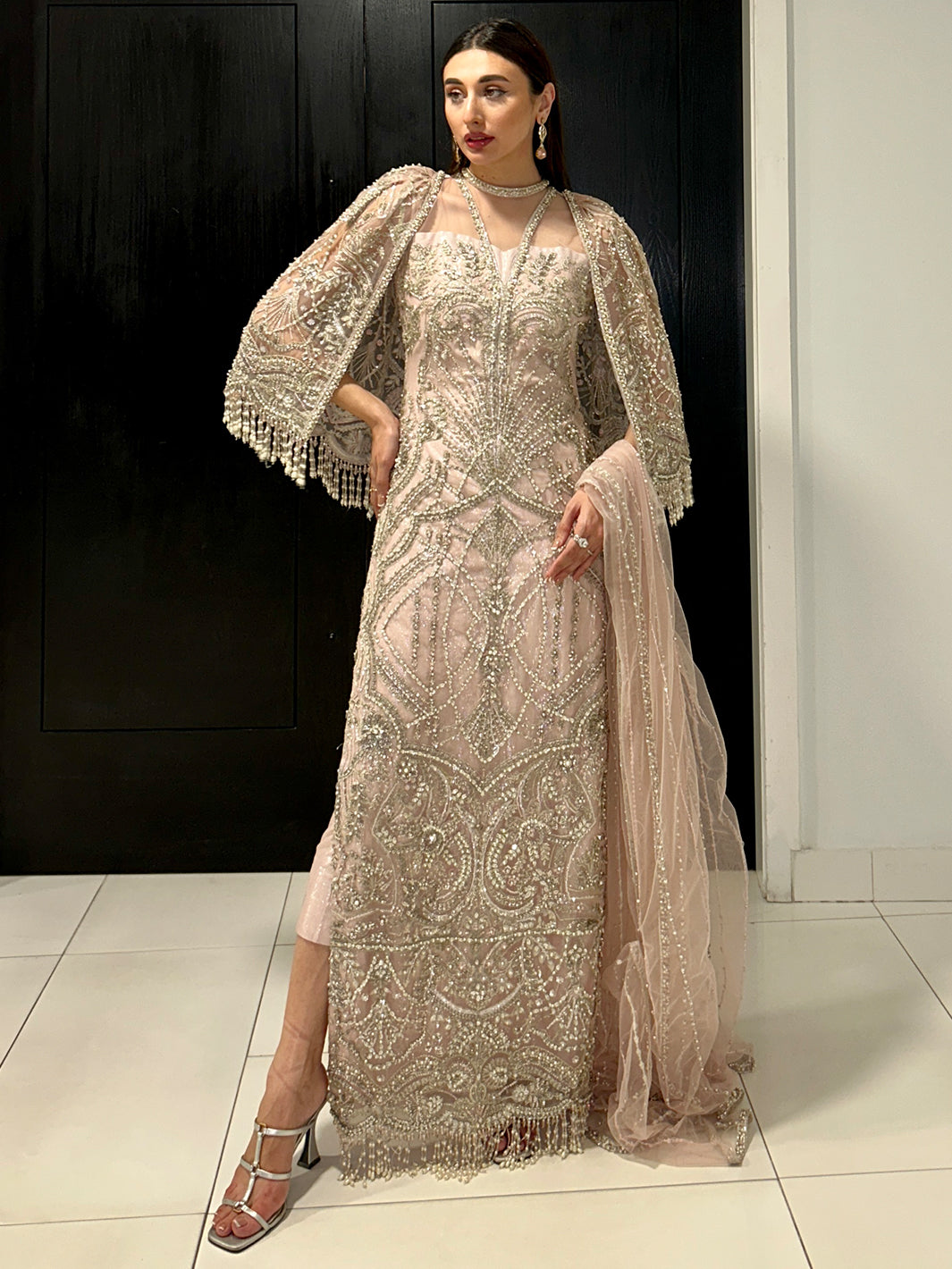 Indian Blush Pink Hand-Embellished Net Cape Dress (3-Piece) - Image 4