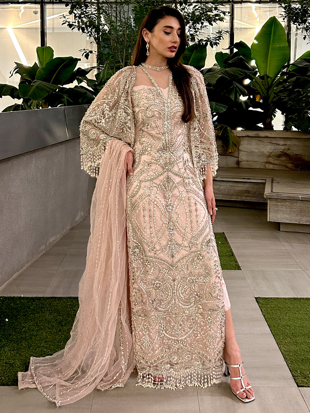 Indian Blush Pink Hand-Embellished Net Cape Dress (3-Piece) - Image 5