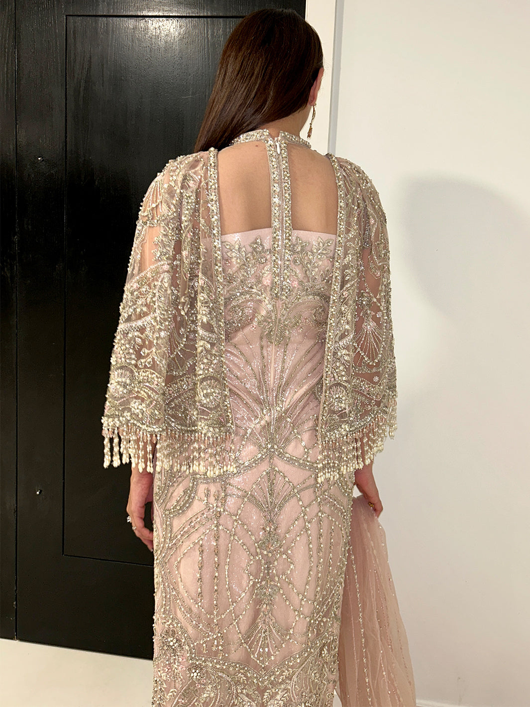 Indian Blush Pink Hand-Embellished Net Cape Dress (3-Piece) - Image 6