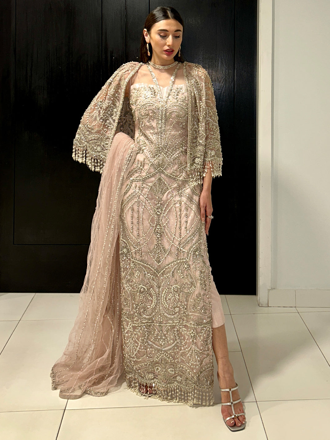 Indian Blush Pink Hand-Embellished Net Cape Dress (3-Piece) - Image 7