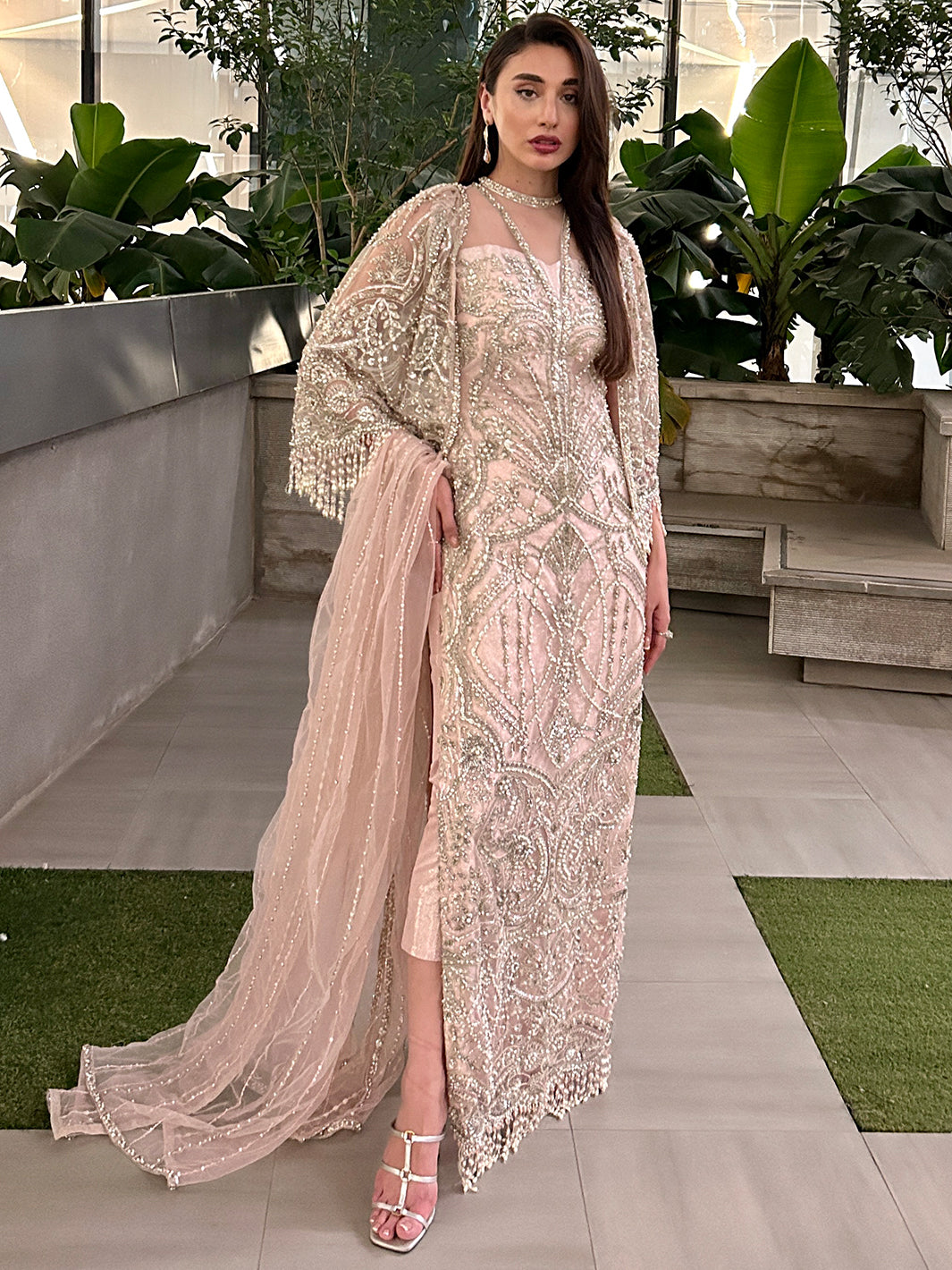 Indian Blush Pink Hand-Embellished Net Cape Dress (3-Piece) - Image 8
